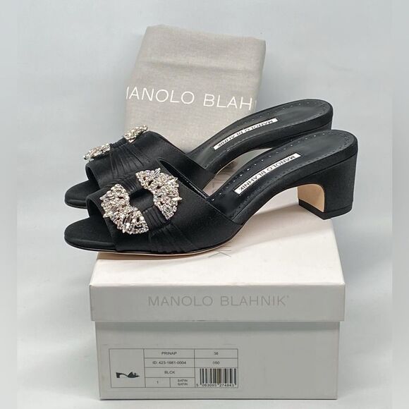 Manolo Blahnik Prinap 50MM Satin Crystal Buckle Mules size 36 - Picture 13 of 15